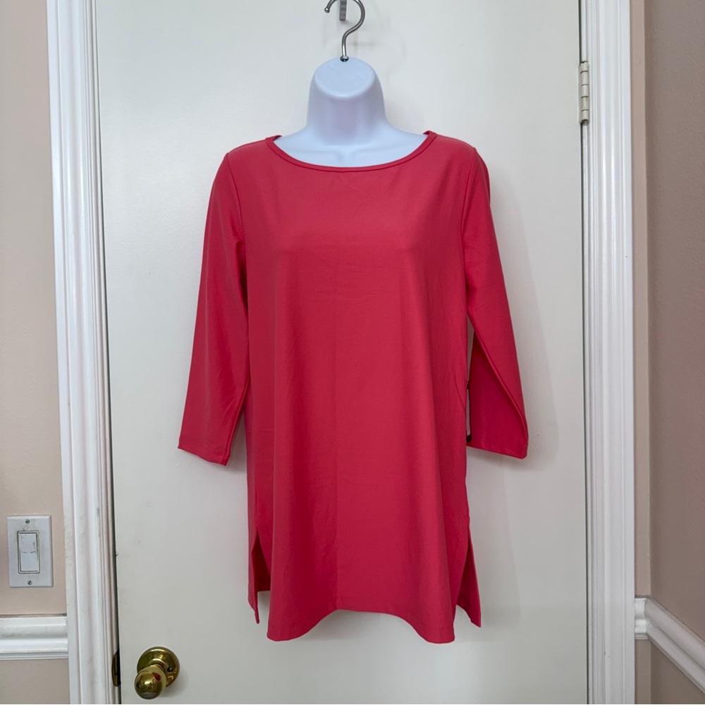 Judy P Coral Pink 3/4 Sleeve Tunic Top Women’s Small Bateau Neck Made in USA NWT